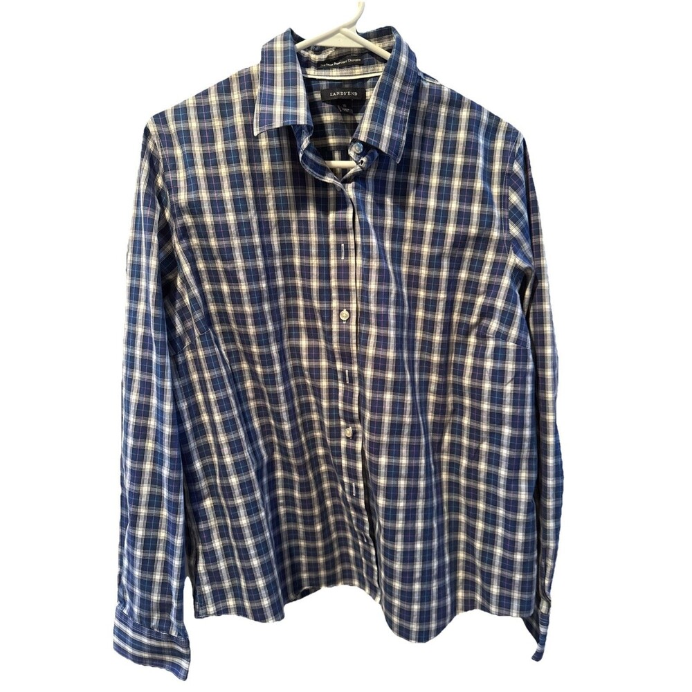 Lands' End Men's No Iron Original Oxford Blue Check Dress Shirt Sz 16 M‎